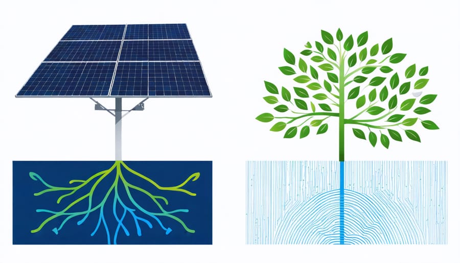Side-by-side comparison of plant xylem structure and xylem-inspired solar panel components