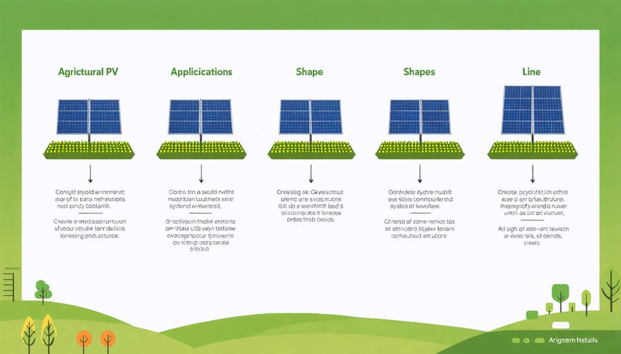 Diagram illustrating various types of solar panel arrangements in farming applications