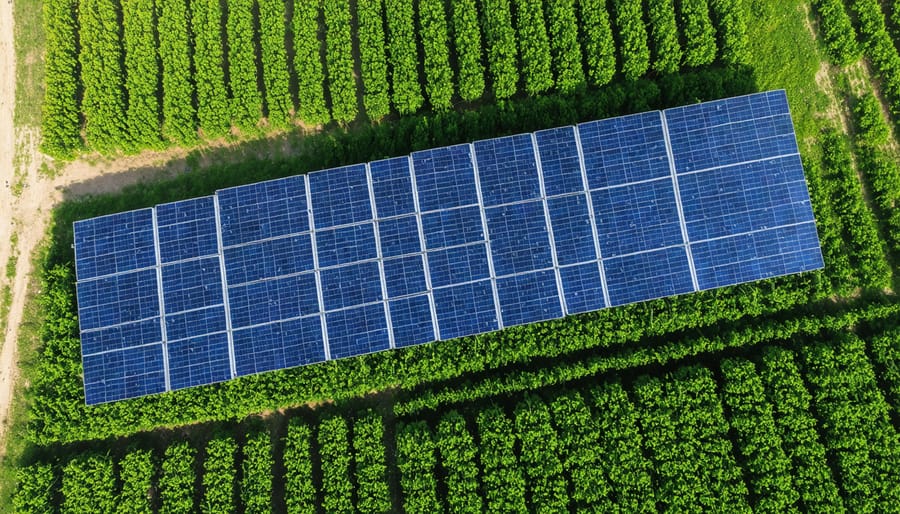 Solar panels mounted above agricultural fields with crops growing beneath them