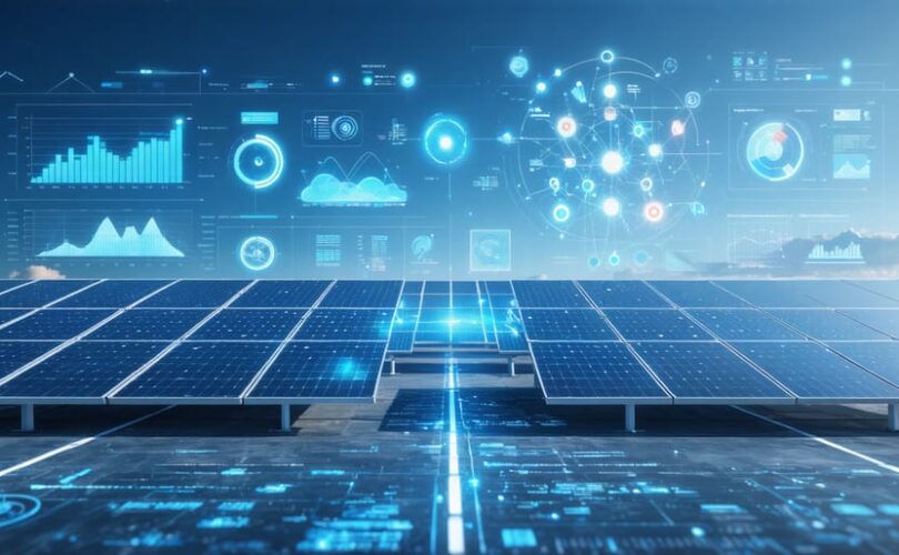 A split-screen illustration comparing traditional solar panel systems with advanced AI-powered monitoring, showcasing real-time data analytics and smart grid integration to maximize solar efficiency.