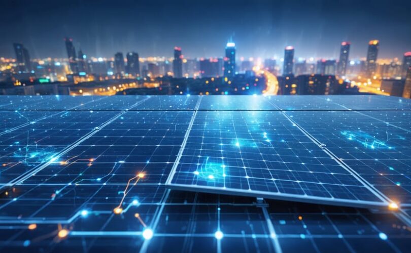 Artistic depiction of solar panels integrated with digital interface, representing AI-driven predictive maintenance in a futuristic cityscape.