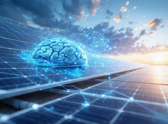Illustration of solar panels with digital network lines connected to an AI processor, symbolizing advanced AI integration in solar energy monitoring.