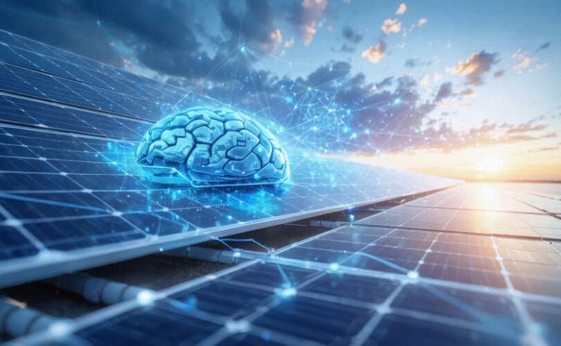 Illustration of solar panels with digital network lines connected to an AI processor, symbolizing advanced AI integration in solar energy monitoring.
