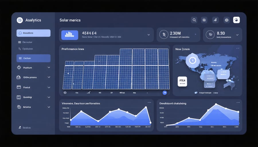 Interactive AI dashboard displaying solar panel performance data, energy output graphs, and system health indicators