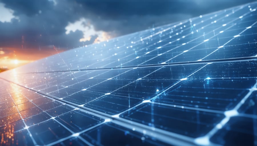 3D visualization showing how AI analyzes weather patterns and their impact on solar energy production