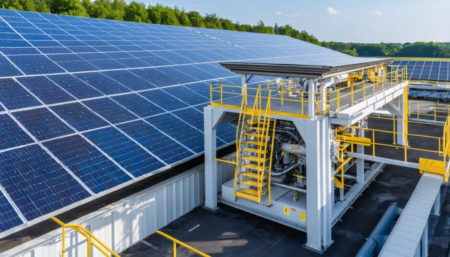 High-tech automated solar panel recycling facility with conveyor systems and processing equipment