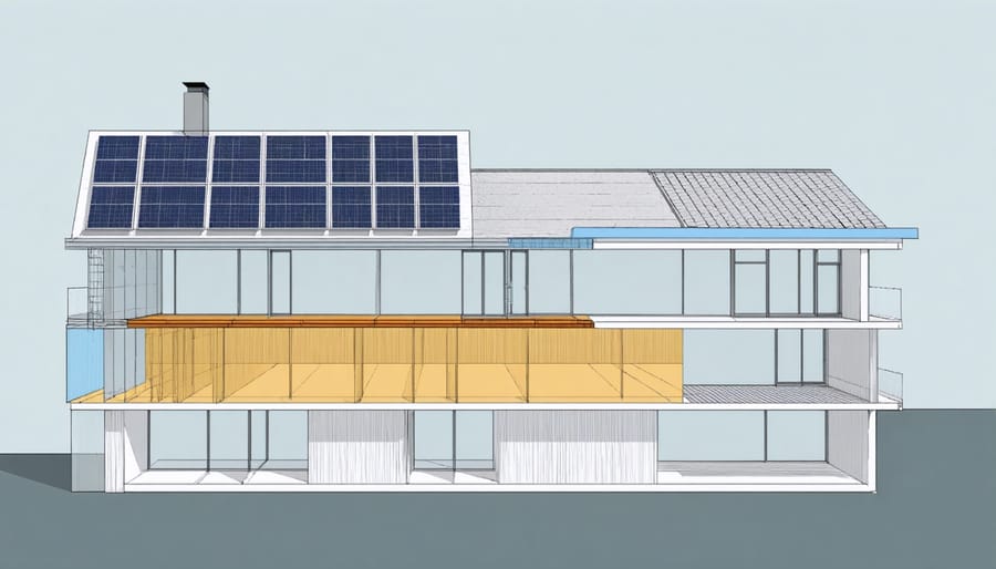 Technical diagram illustrating the various layers of a building-integrated photovoltaic system with insulation