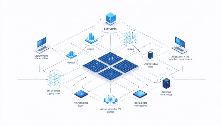 Network diagram illustrating blockchain connectivity across solar panel supply chain stages