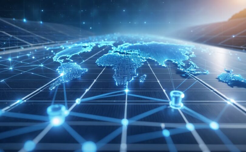 Conceptual illustration of a solar panel supply chain network with blockchain nodes showing global transparency and sustainable practices.