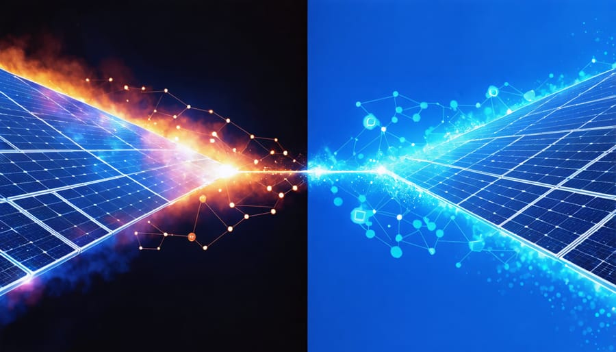 Comparison showing traditional paper-based tracking versus digital blockchain tracking in solar supply chain