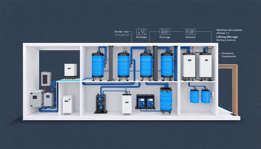 Cross-sectional illustration of a building-integrated lithium-ion battery storage system with labeled components