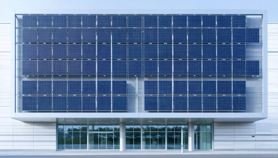 Architectural rendering of a commercial building featuring quantum storage-enabled solar panels integrated into its design