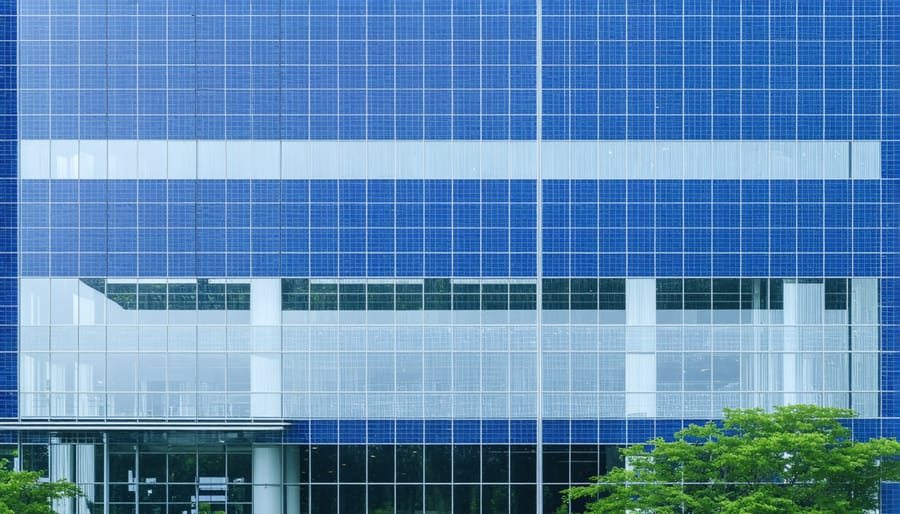Contemporary commercial building showcasing photovoltaic glazing windows with a semi-transparent blue-tinted appearance