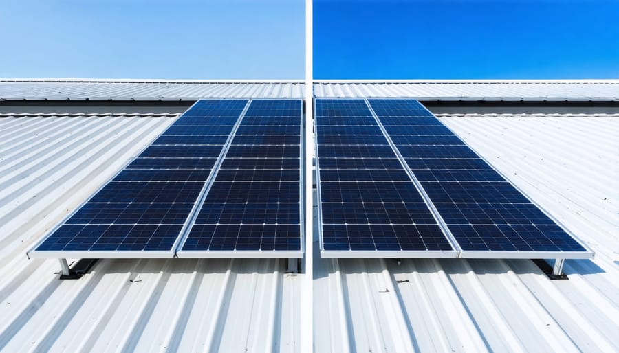 Commercial solar panels on industrial building with business tax calculation graphics