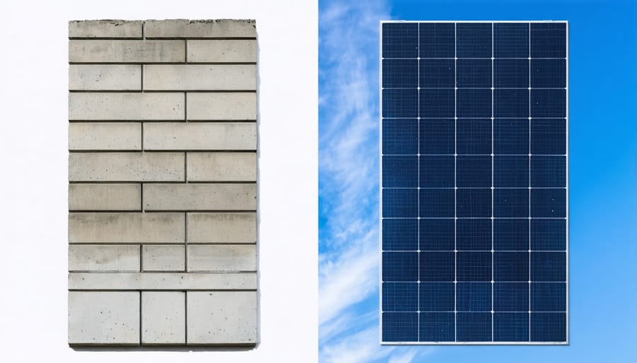 Side-by-side comparison of traditional concrete facade versus PV-integrated concrete facade panel