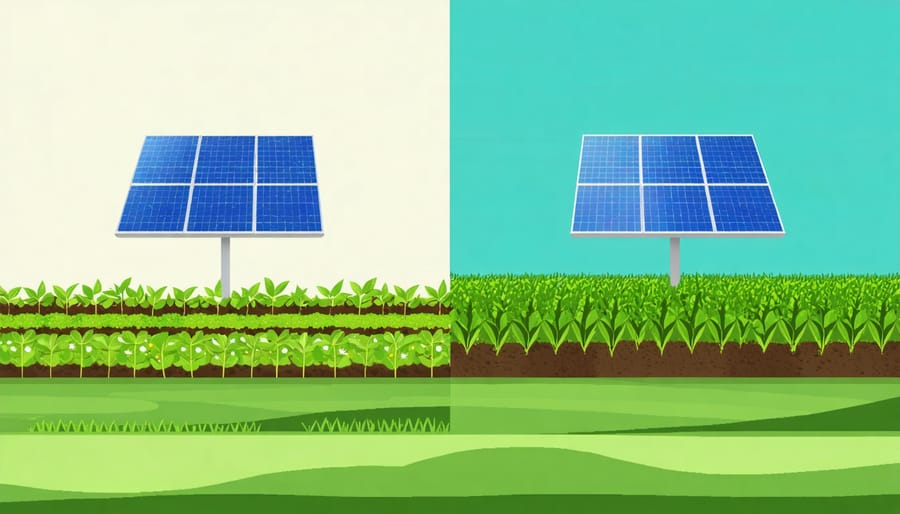 Side-by-side comparison of crops grown with and without solar panel coverage