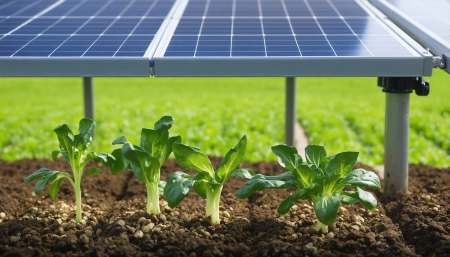 Vegetables thriving under solar panels with visible drip irrigation system