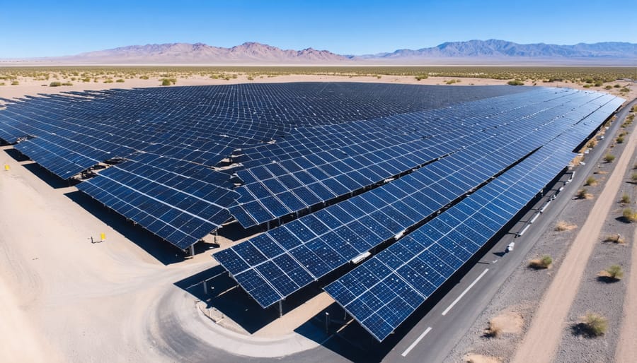 Bird's eye view of solar panel arrays in the desert with protected wildlife corridors