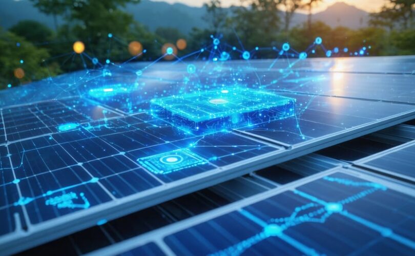Conceptual image depicting the integration of edge computing with solar technology, featuring solar panels and digital data flow representing real-time analytics and optimization.