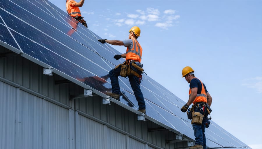 Construction workers installing PV-integrated concrete facade panels on a building
