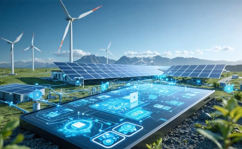 Artistic depiction of solar panels, wind turbines, and battery storage units combined with an intelligent control system interface, set in a remote landscape to represent a sustainable hybrid off-grid power system.