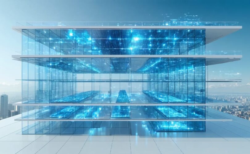 Conceptual illustration of a modern building with multi-layered photovoltaic glass windows, showcasing advanced insulation technologies and their role in energy-efficient urban architecture.