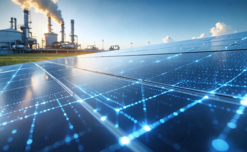 Visualization of futuristic solar panels with a crystalline pattern under sunlight, representing the innovative crystallic fusion process in solar technology with enhanced efficiency.