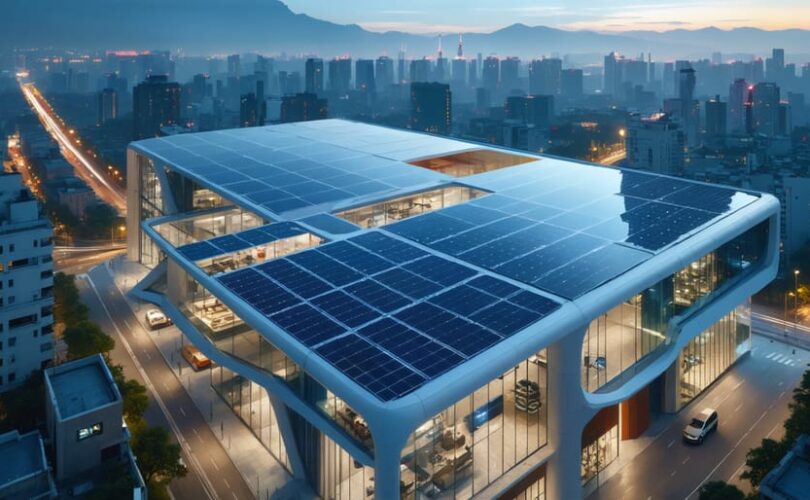 A futuristic cityscape featuring advanced solar technologies such as solar panels, transparent solar windows, and AI-integrated systems showcasing the evolution of photovoltaic energy solutions.