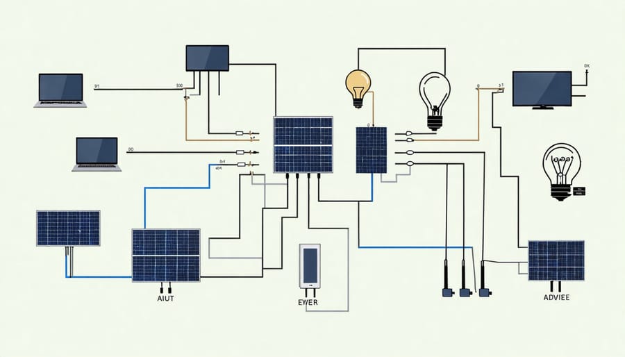 Schematic illustration of solar panels, batteries, generators, and control systems in a hybrid off-grid setup