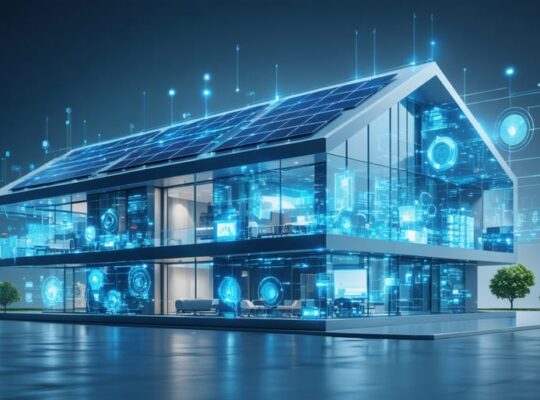 Illustration of a modern building with solar panels integrated into its facade, showcasing advanced energy storage solutions like batteries and thermal systems, along with a digital display representing smart energy management.