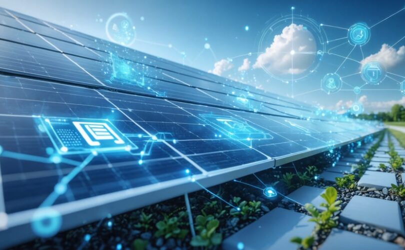 Illustration of an interconnected solar PV system featuring IoT technology with solar panels, sensors, smart inverters, and a digital data network, representing advanced energy management and monitoring capabilities.