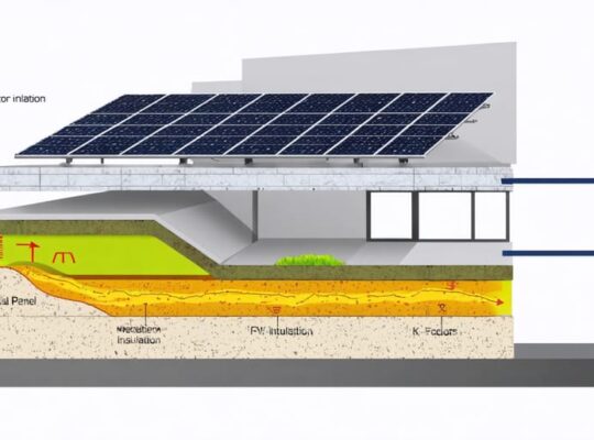 Conceptual illustration showing the integration of K-factor insulation within a building facade, alongside photovoltaic panels, with arrows to indicate thermal energy flow.