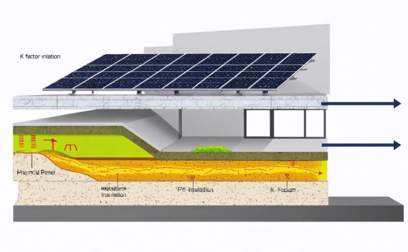 Conceptual illustration showing the integration of K-factor insulation within a building facade, alongside photovoltaic panels, with arrows to indicate thermal energy flow.