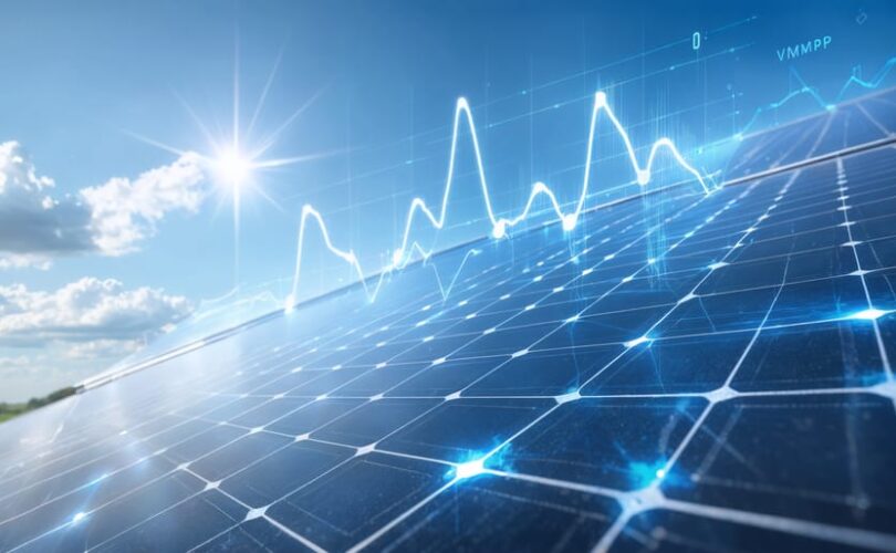 Conceptual image illustrating solar PV technology with an I-V curve and VMPP optimization theme, emphasizing efficiency and innovation in system design.