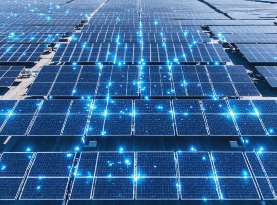 Aerial view of a 5MW solar farm featuring advanced mono PERC panels and smart grid integration, under clear skies with digital elements symbolizing modern energy technologies.