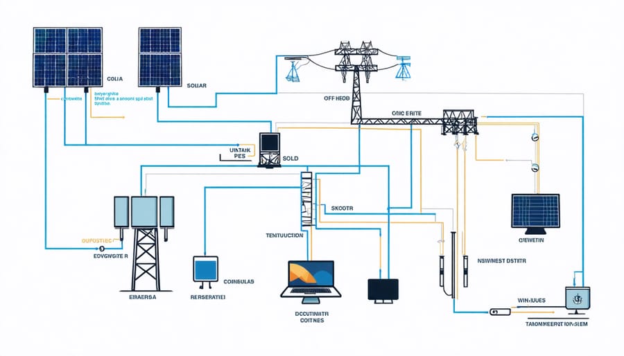 Detailed illustration of solar panels, batteries, charge controller, and inverter connections in an off-grid system