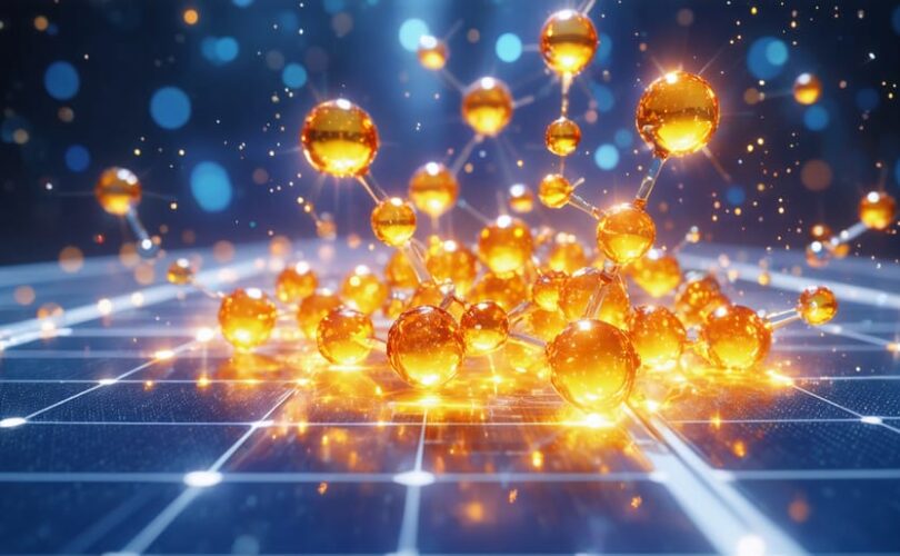 Visual representation of perovskite quantum dots symbolized by glowing molecular structures against a solar cell background, highlighting advancements in solar technology.