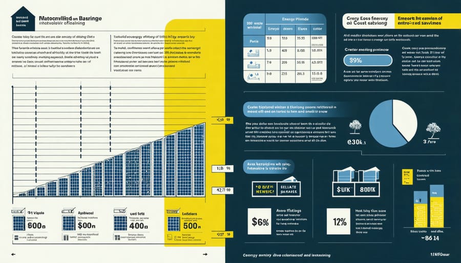 Comparative infographic displaying energy performance statistics and financial benefits of photovoltaic glazing systems