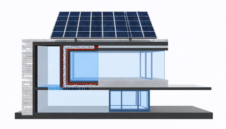 Technical diagram illustrating the different layers and components of a photovoltaic glazing window system