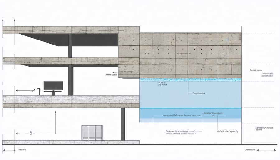 Cross-sectional diagram illustrating the various layers and technical components of a PV concrete facade panel