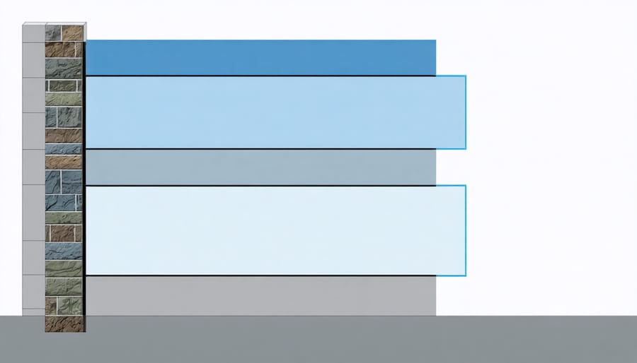 Technical illustration showing the layers of a PV glass window with R-value measurements for each component