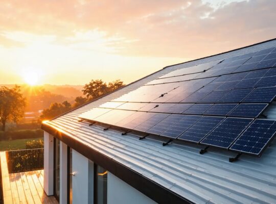 "Rooftop installation of hybrid photovoltaic thermal solar collectors, illustrating both electrical and thermal energy generation with a sunrise in the background symbolizing the advancement in solar technology."