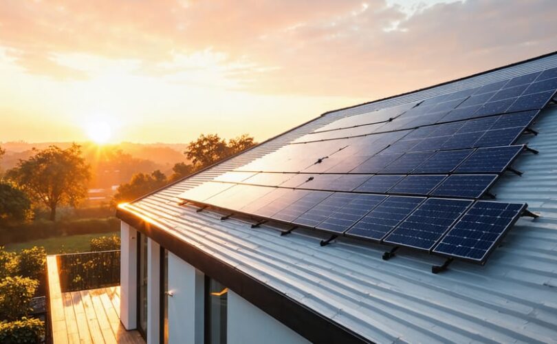 "Rooftop installation of hybrid photovoltaic thermal solar collectors, illustrating both electrical and thermal energy generation with a sunrise in the background symbolizing the advancement in solar technology."