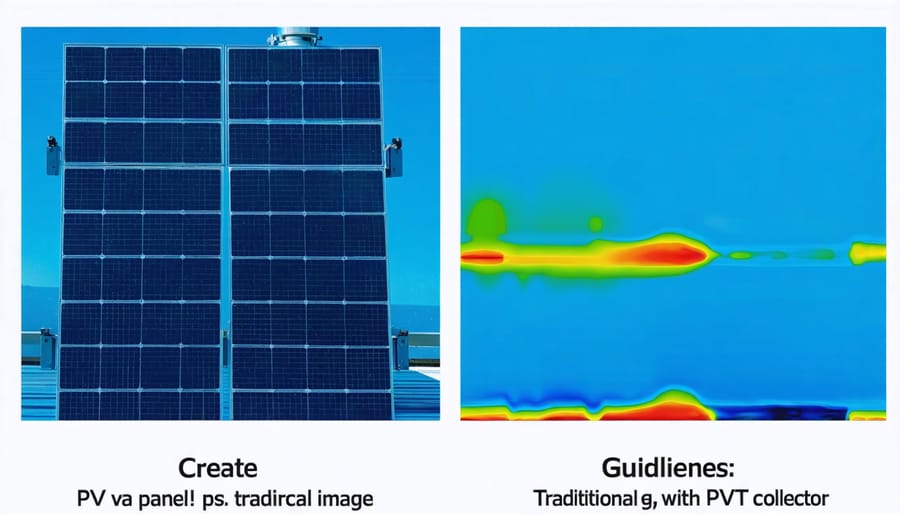 Side-by-side thermal images showing temperature differences between conventional solar panel and PVT collector