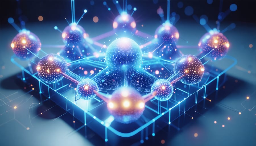Computer-generated illustration of quantum dots capturing and storing solar energy at nanoscale