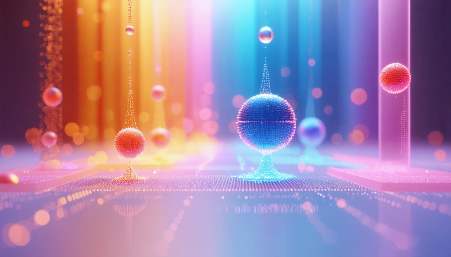 Colorful illustration showing quantum dots of varying sizes capturing and emitting different colors of light