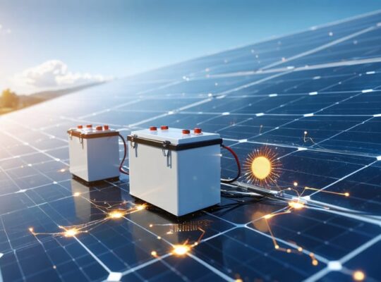 Illustration depicting solar panels, batteries, and inverters interconnected with lines, symbolizing the integration of technology in an off-grid solar system.