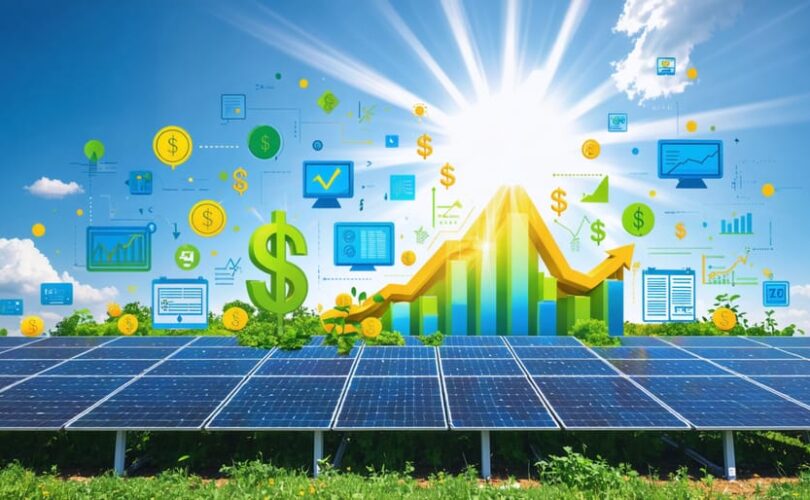 A conceptual image depicting a solar farm with solar panels under bright sunlight, integrated with financial symbols like documents and graphs, symbolizing the theme of smart solar financing and investment growth.