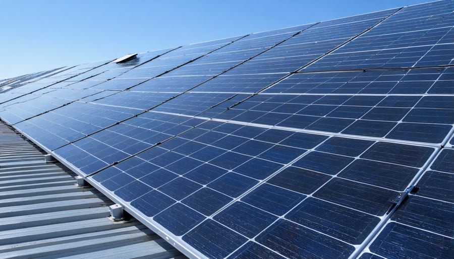 Rooftop and ground-mounted solar panels with various tilt angles and mounting structures