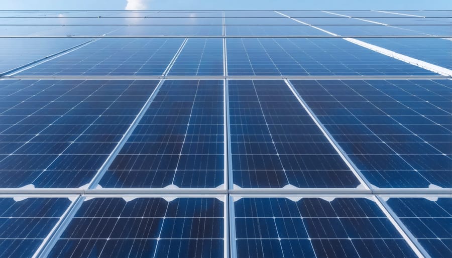 Ground-mounted solar panels connected to battery storage containers at an off-grid installation